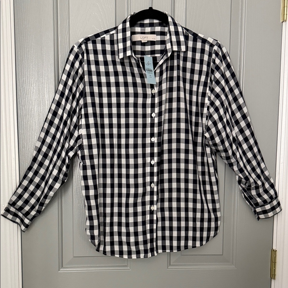 LOFT Black & White Gingham Button-Up Blouse